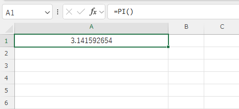セルに=PI()と入力すると、3.141592654と表示されるExcelシートの例